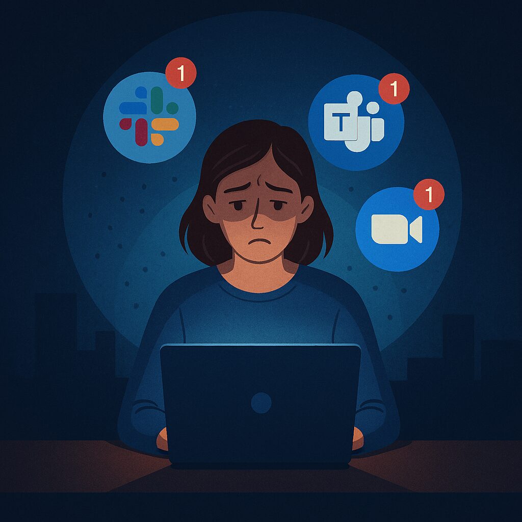 A stressed woman sits at a desk, staring at her laptop as Slack notifications with red exclamation points surround her, symbolizing the pressure of toxic remote work culture.