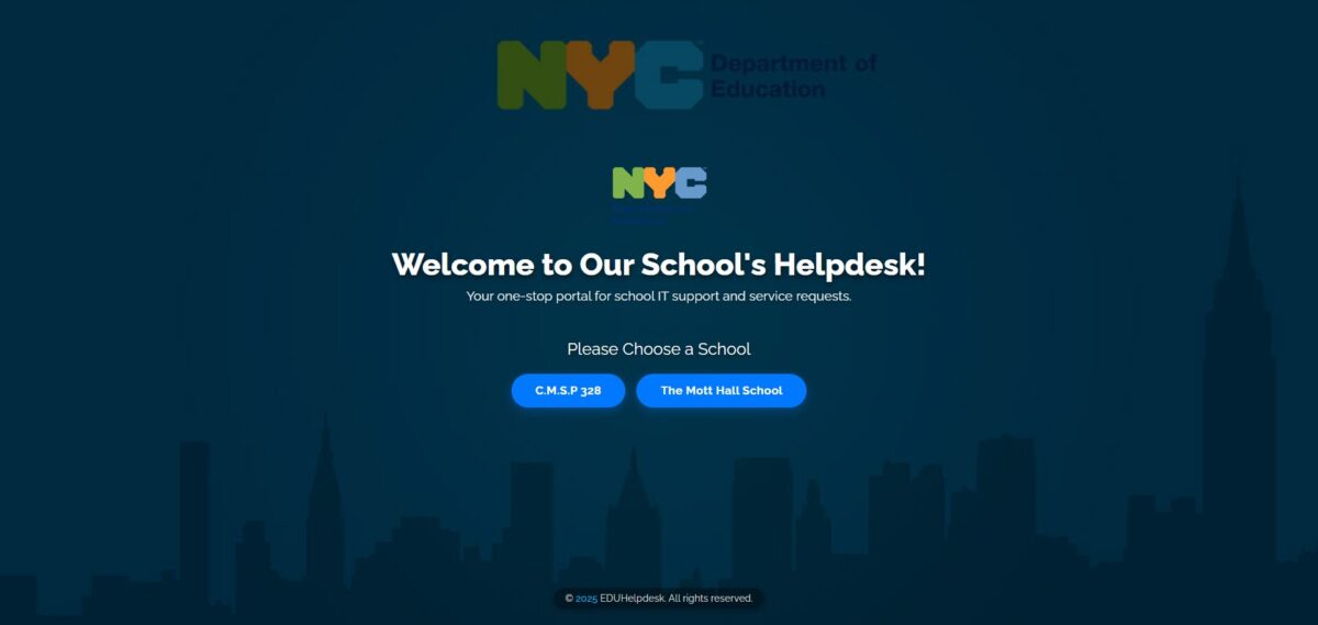 Screenshot of the EDUHelpdesk School IT Support Portal homepage showing NYC Department of Education branding, helpdesk buttons, and accessible layout.